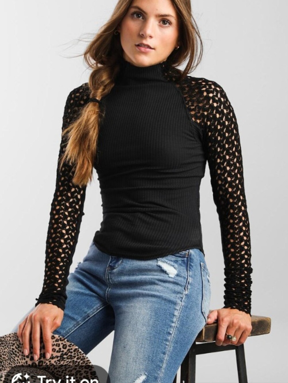 Free People Clemente Mock Neck Ribbed Crochet Sleeve